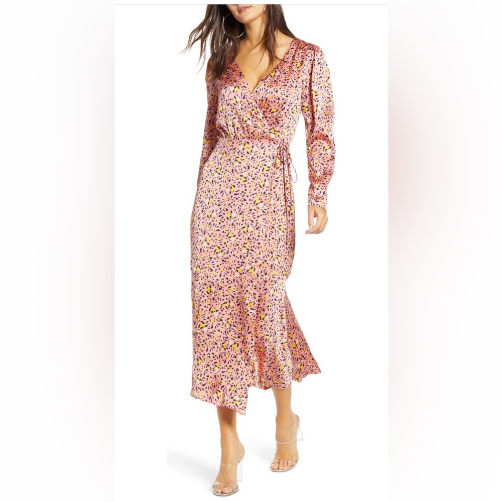 Leith Pink Leopard Print Long Sleeve Satin Midi Wrap Dress